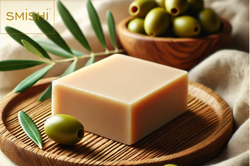 A beautifully handcrafted olive oil soap bar with olives in the background and the Smishi logo on the top left corner